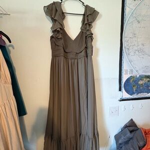 Birdy Grey Olive Ruffle V-Neck Maxi Dress